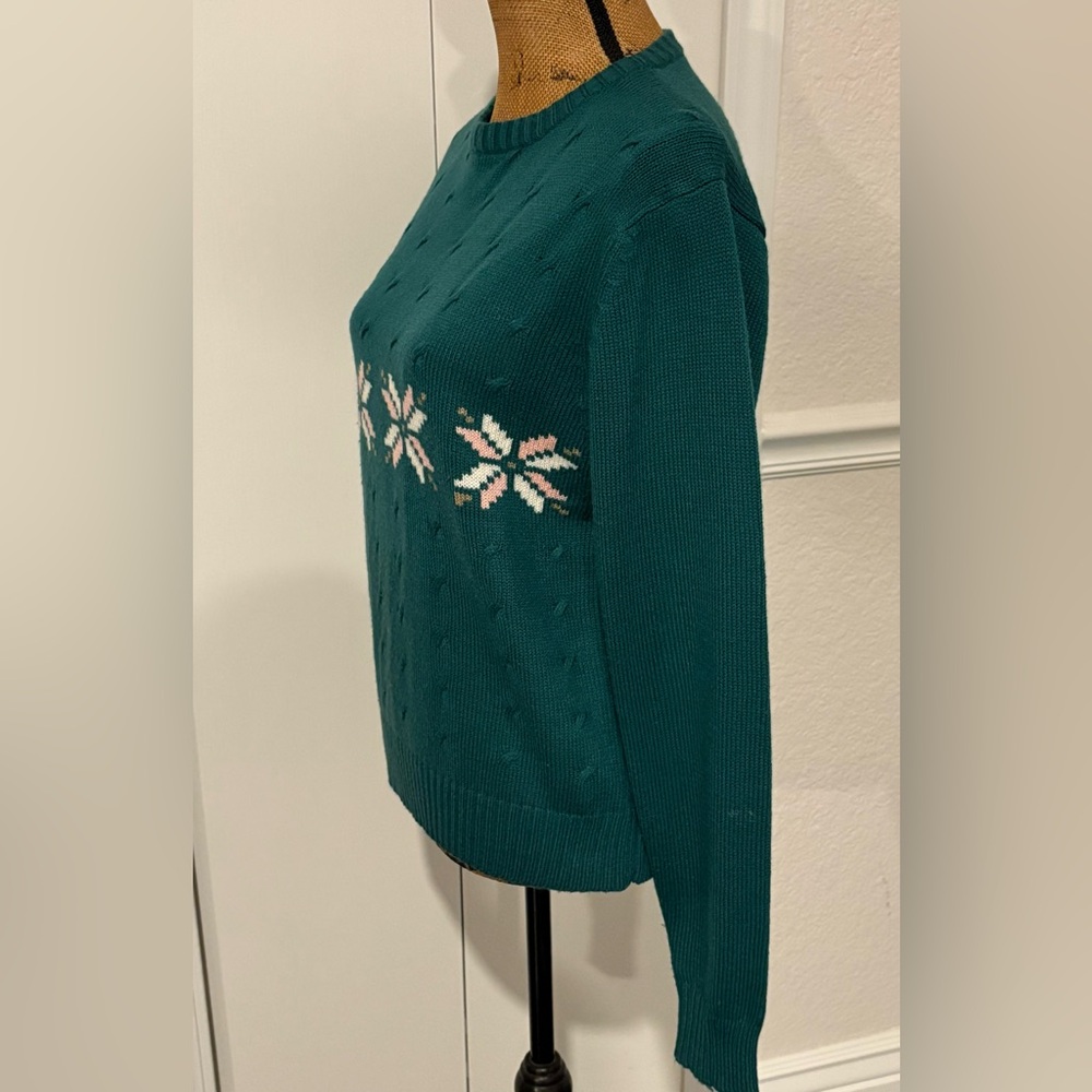 Lacoste Vintage 90βs Teal Green Knitted Snowflake Print Fair Isle Sweater Large - Picture 4 of 7